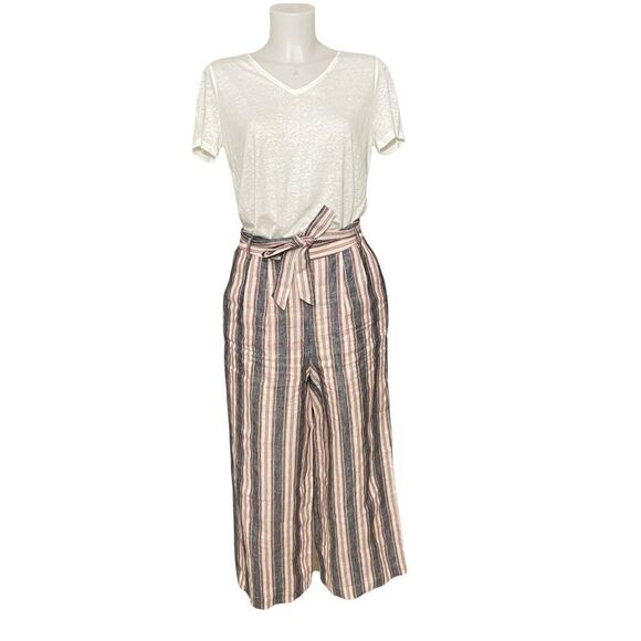 FRAME LINEN WIDE STRIPED BELTED CROPPED PANTS flowy, stretchy‎ waist sz 6 - Picture 1 of 8